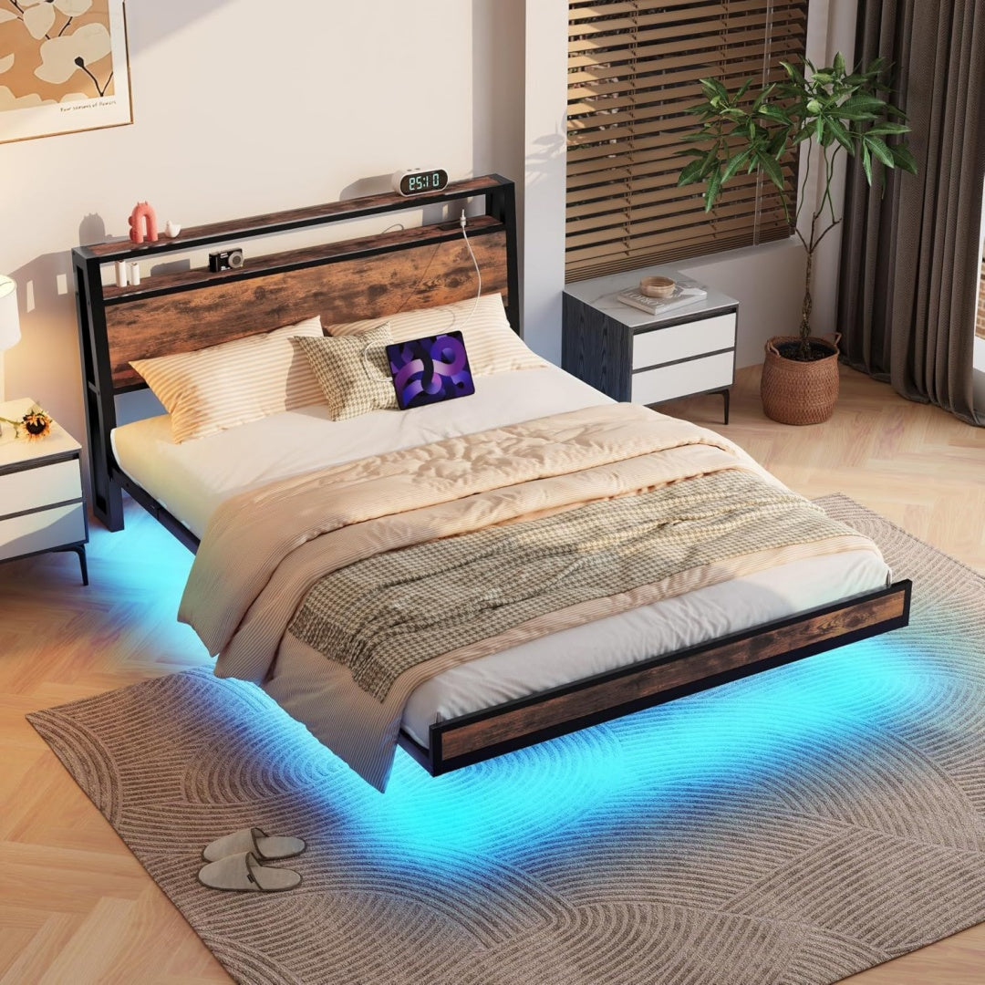 Das Bettgestell vereint einen Lattenrost mit LED Beleuchtung