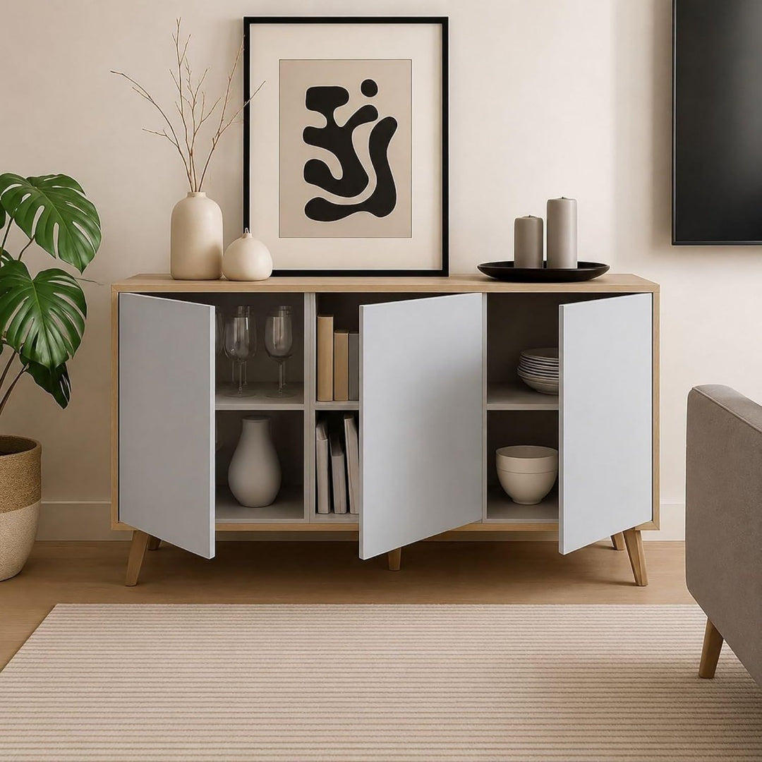 Sideboard mit geschlossenem Stauraum, 3 Tueren und beschichteten Flaechen