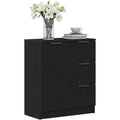 Das Sideboard misst 60 x 30 x 70 cm in Schwarz und Eichenbraun