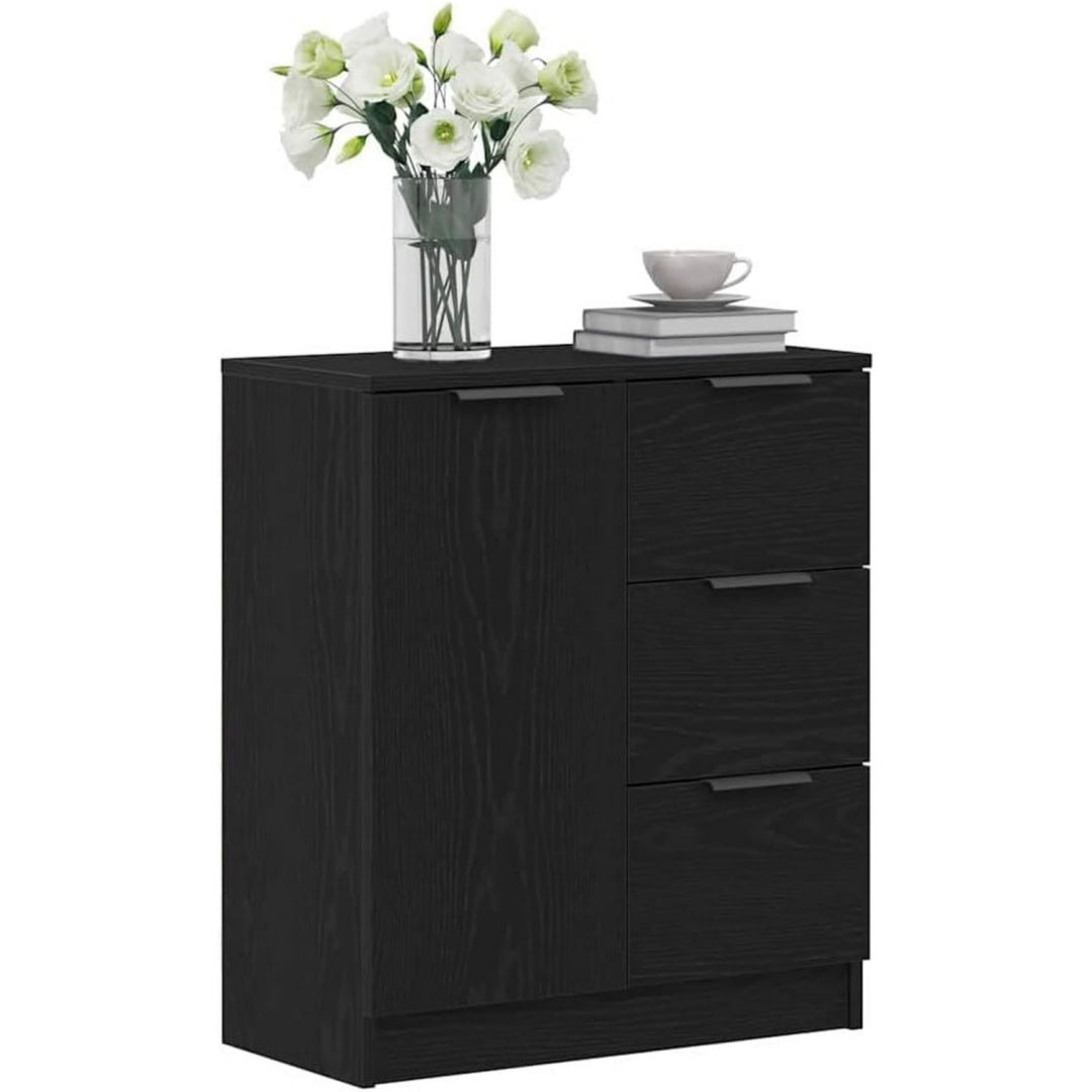 Das Sideboard misst 60 x 30 x 70 cm in Schwarz und Eichenbraun