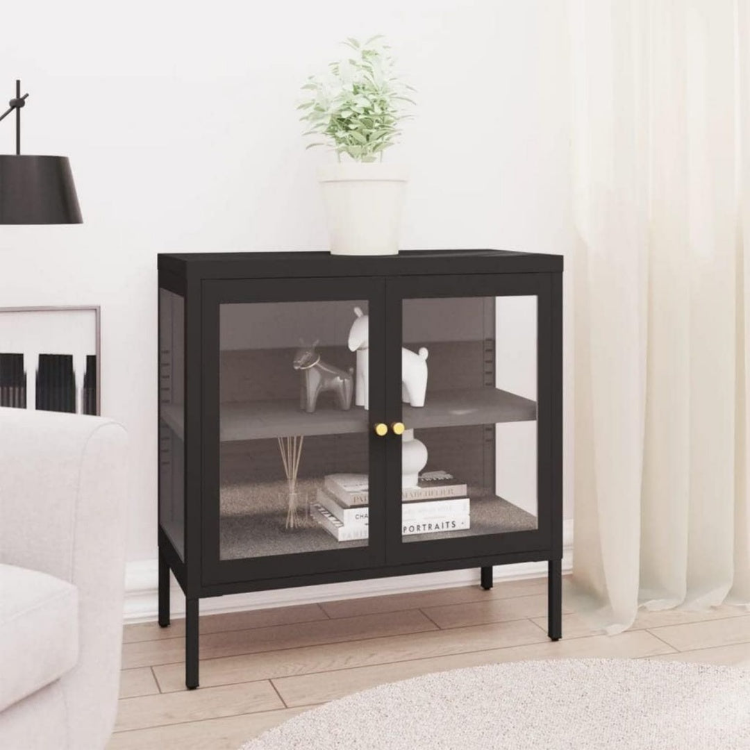 Das Sideboard misst 70 x 35 x 70 cm in Schwarz