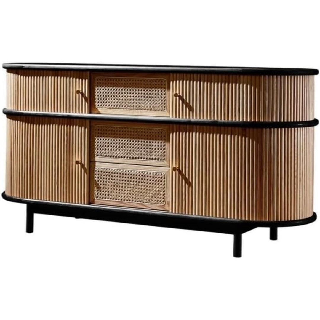Sideboard aus Massivholz und Rattan